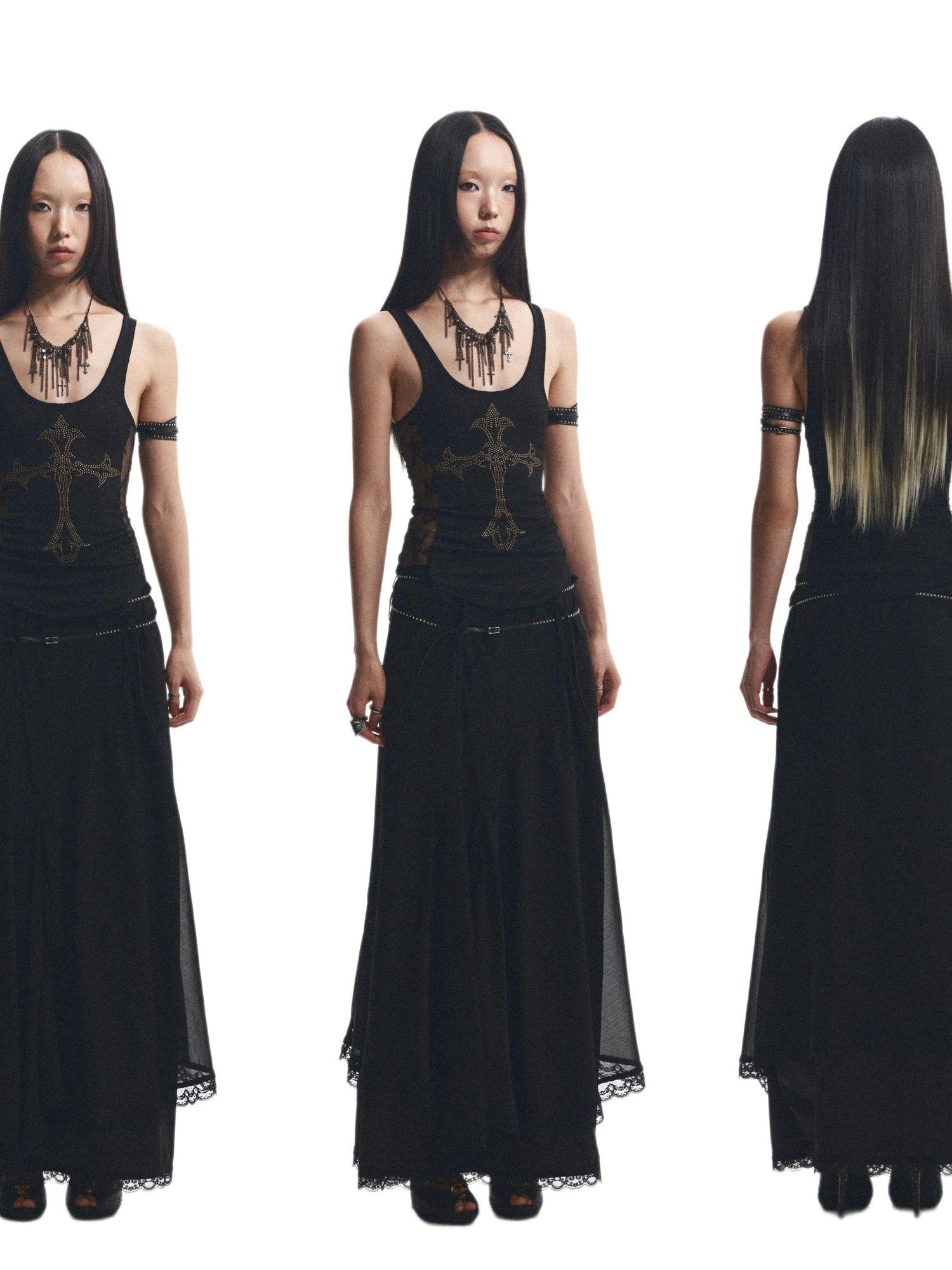 NONAME SPACE Two Tone Rhinestone Lace Embroidered Curved Raw Edge Women&