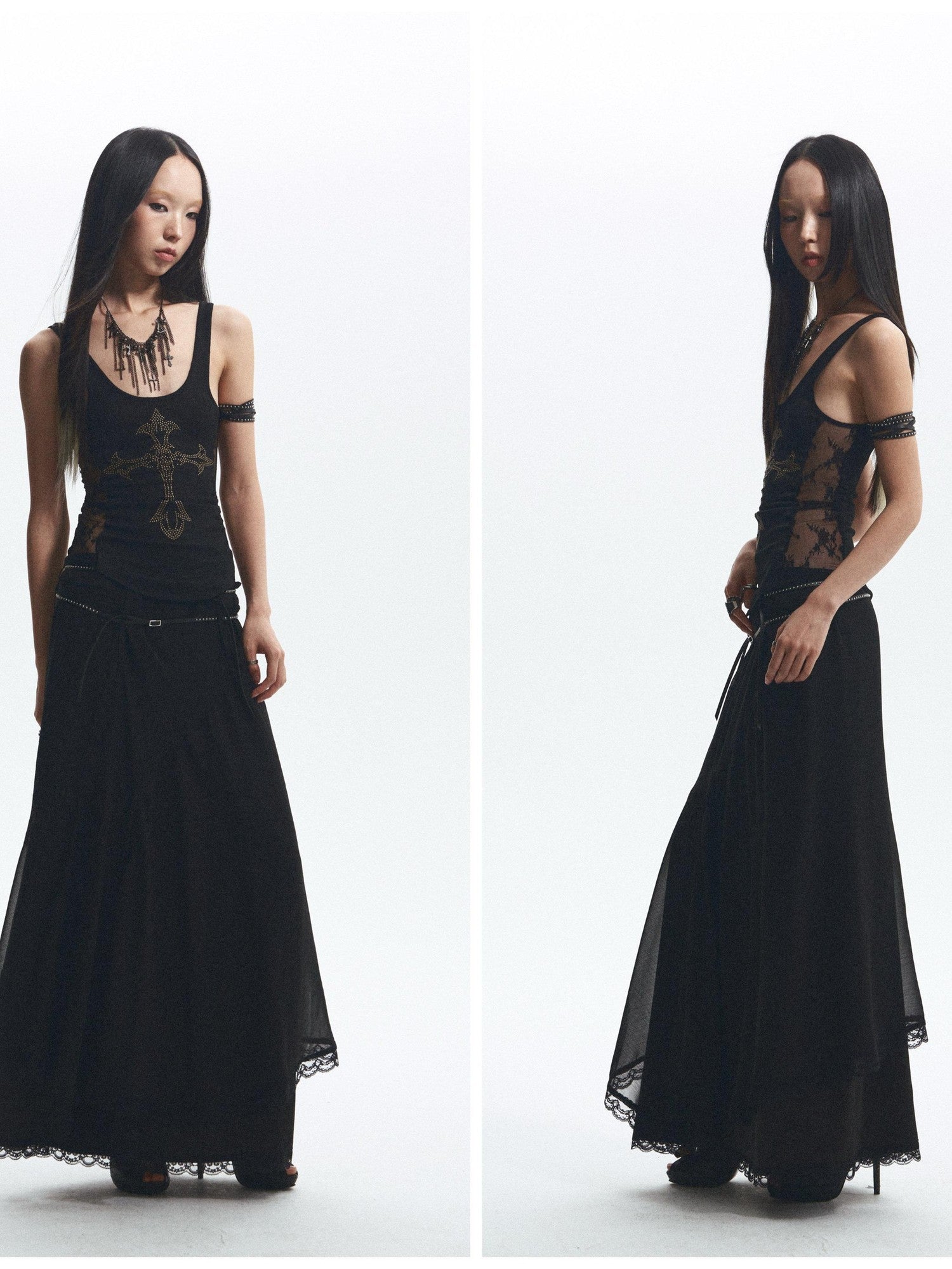 NONAME SPACE Two Tone Rhinestone Lace Embroidered Curved Raw Edge Women&