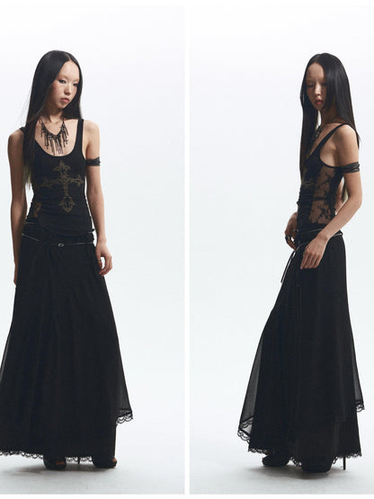 NONAME SPACE Two Tone Rhinestone Lace Embroidered Curved Raw Edge Women&
