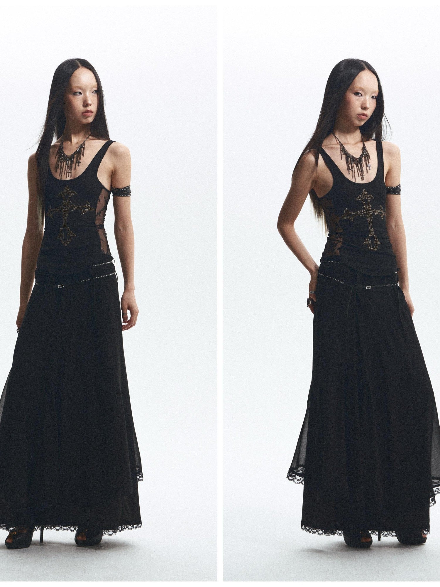 NONAME SPACE Two Tone Rhinestone Lace Embroidered Curved Raw Edge Women&