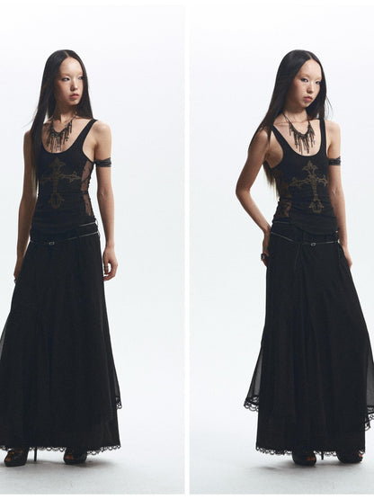 NONAME SPACE Two Tone Rhinestone Lace Embroidered Curved Raw Edge Women&