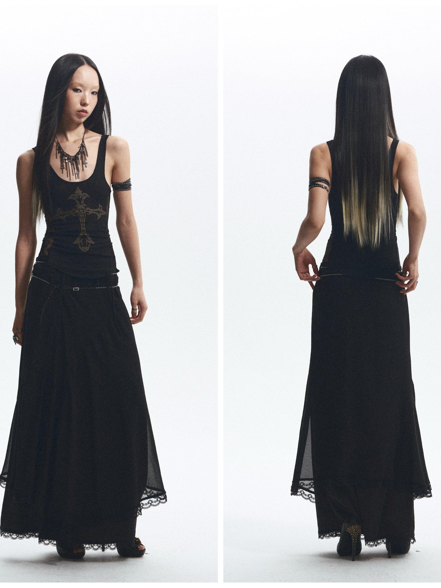 NONAME SPACE Two Tone Rhinestone Lace Embroidered Curved Raw Edge Women&