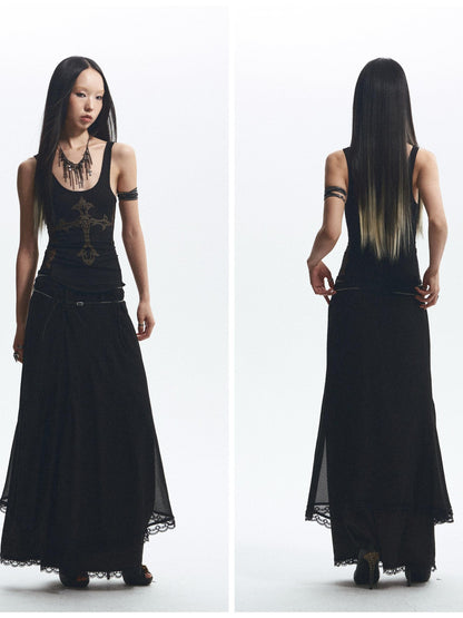 NONAME SPACE Two Tone Rhinestone Lace Embroidered Curved Raw Edge Women&