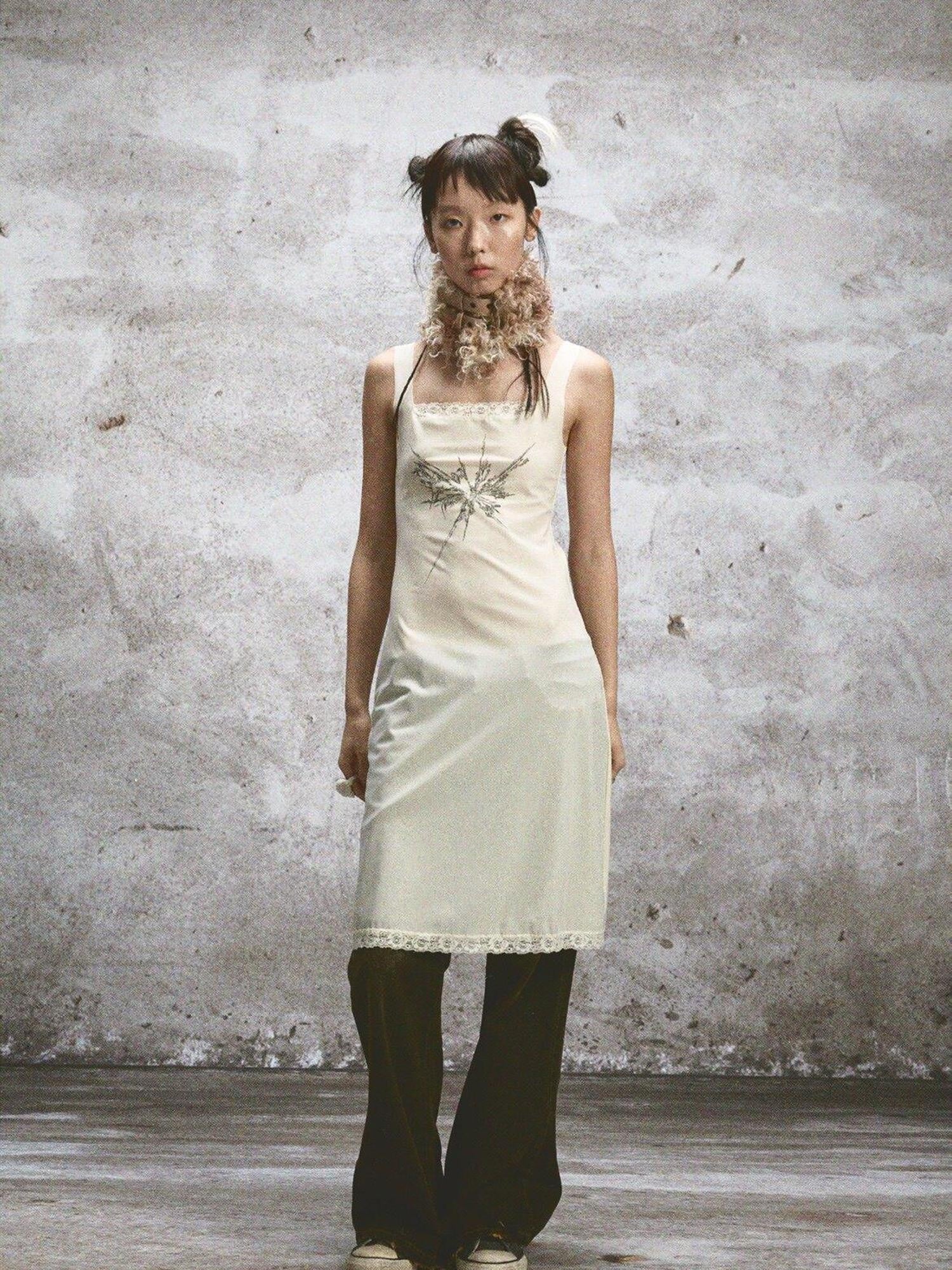 NONAME SPACE Two Tone Sheer Printed Lace Strappy Open Back Women&
