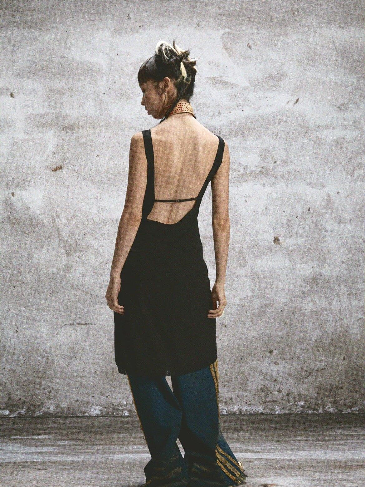 NONAME SPACE Two Tone Sheer Printed Lace Strappy Open Back Women&