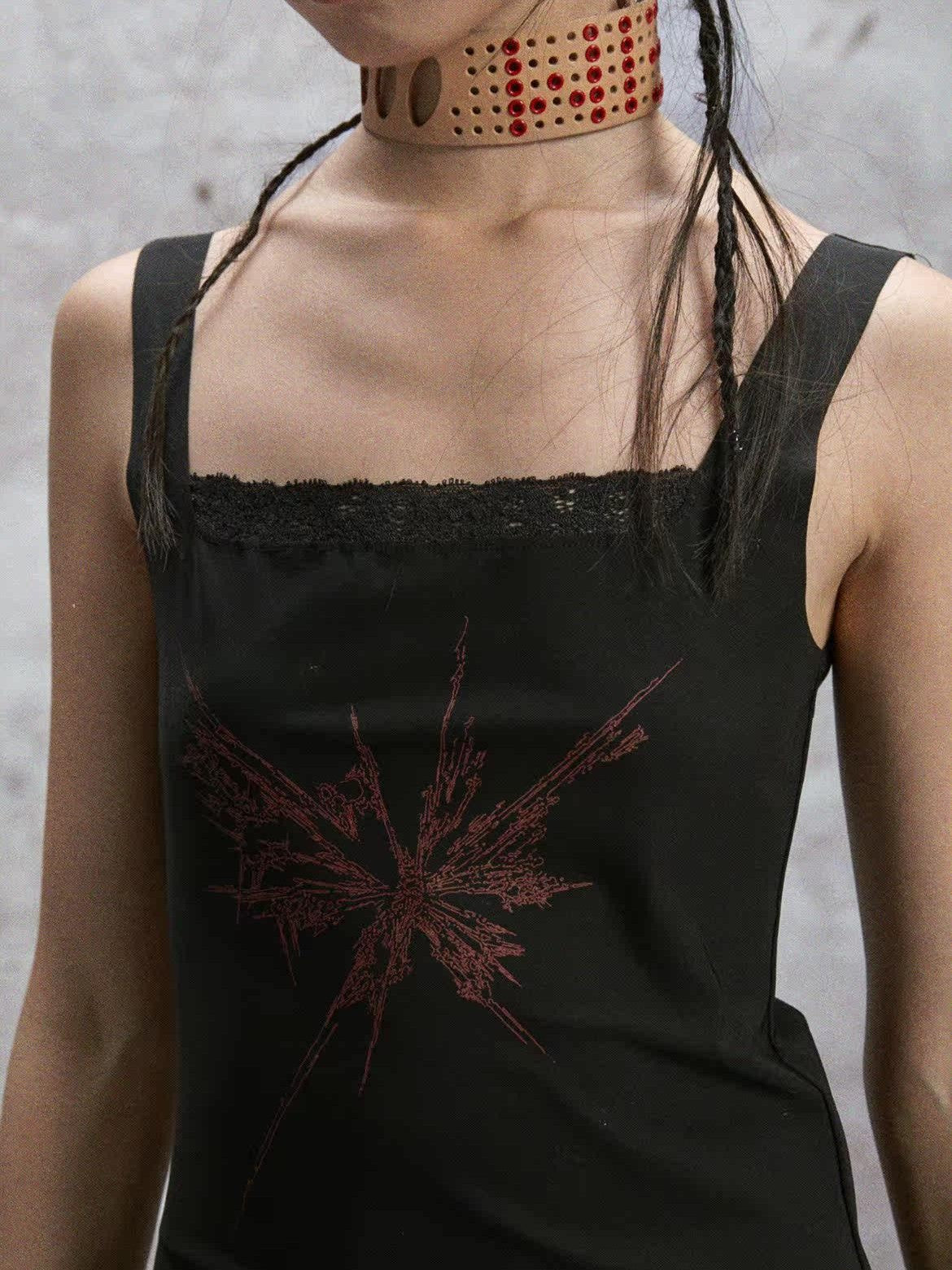NONAME SPACE Two Tone Sheer Printed Lace Strappy Open Back Women&