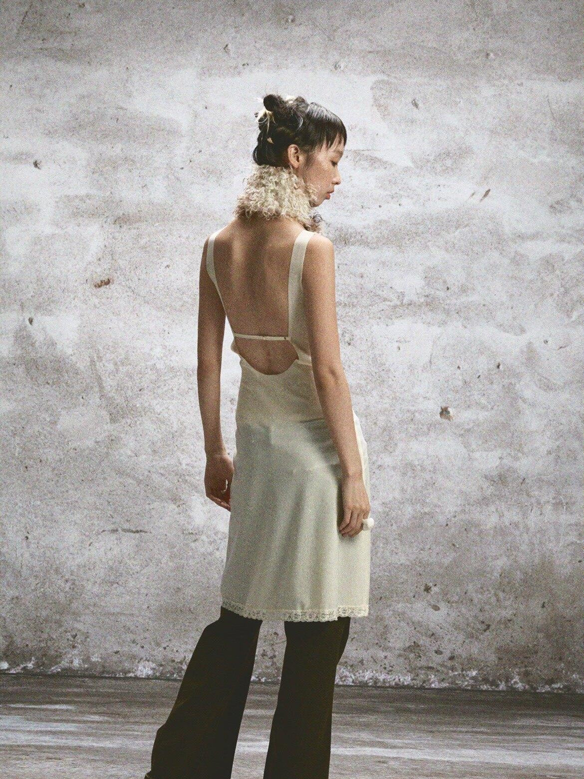 NONAME SPACE Two Tone Sheer Printed Lace Strappy Open Back Women&