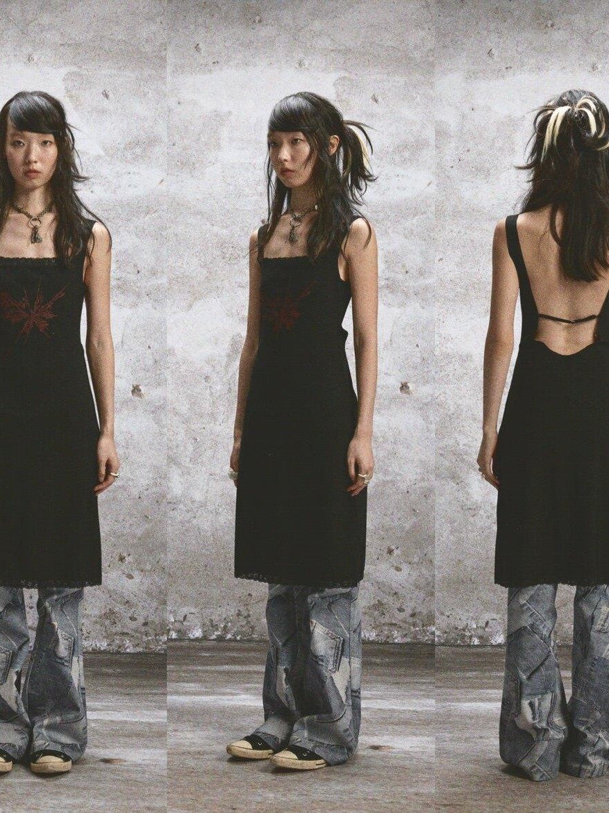 NONAME SPACE Two Tone Sheer Printed Lace Strappy Open Back Women&