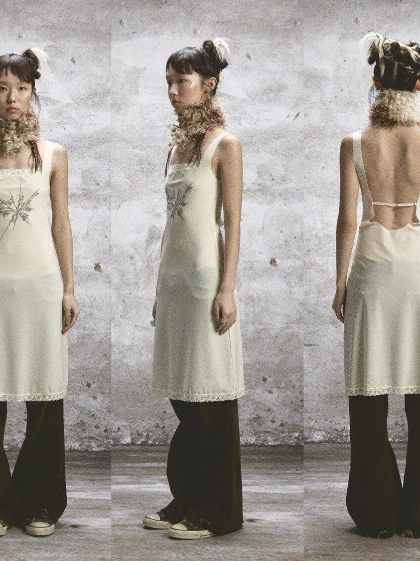 NONAME SPACE Two Tone Sheer Printed Lace Strappy Open Back Women&