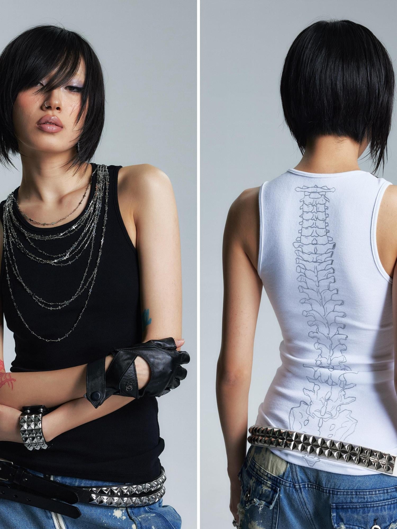 NONAME SPACE Two Tone Slimming Stretch Ribbed Beaded Metal Chain Print Women&