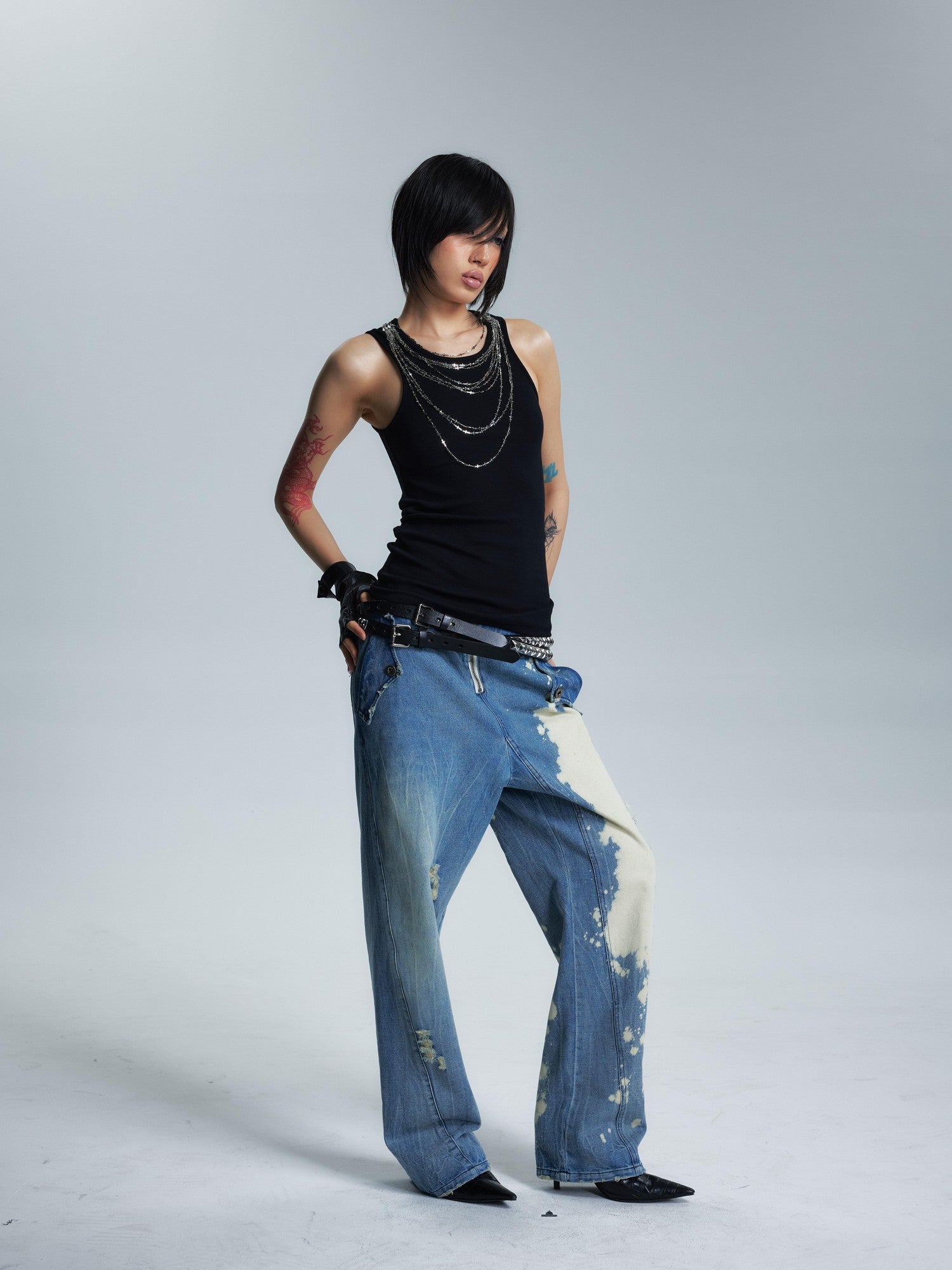 NONAME SPACE Two Tone Slimming Stretch Ribbed Beaded Metal Chain Print Women&