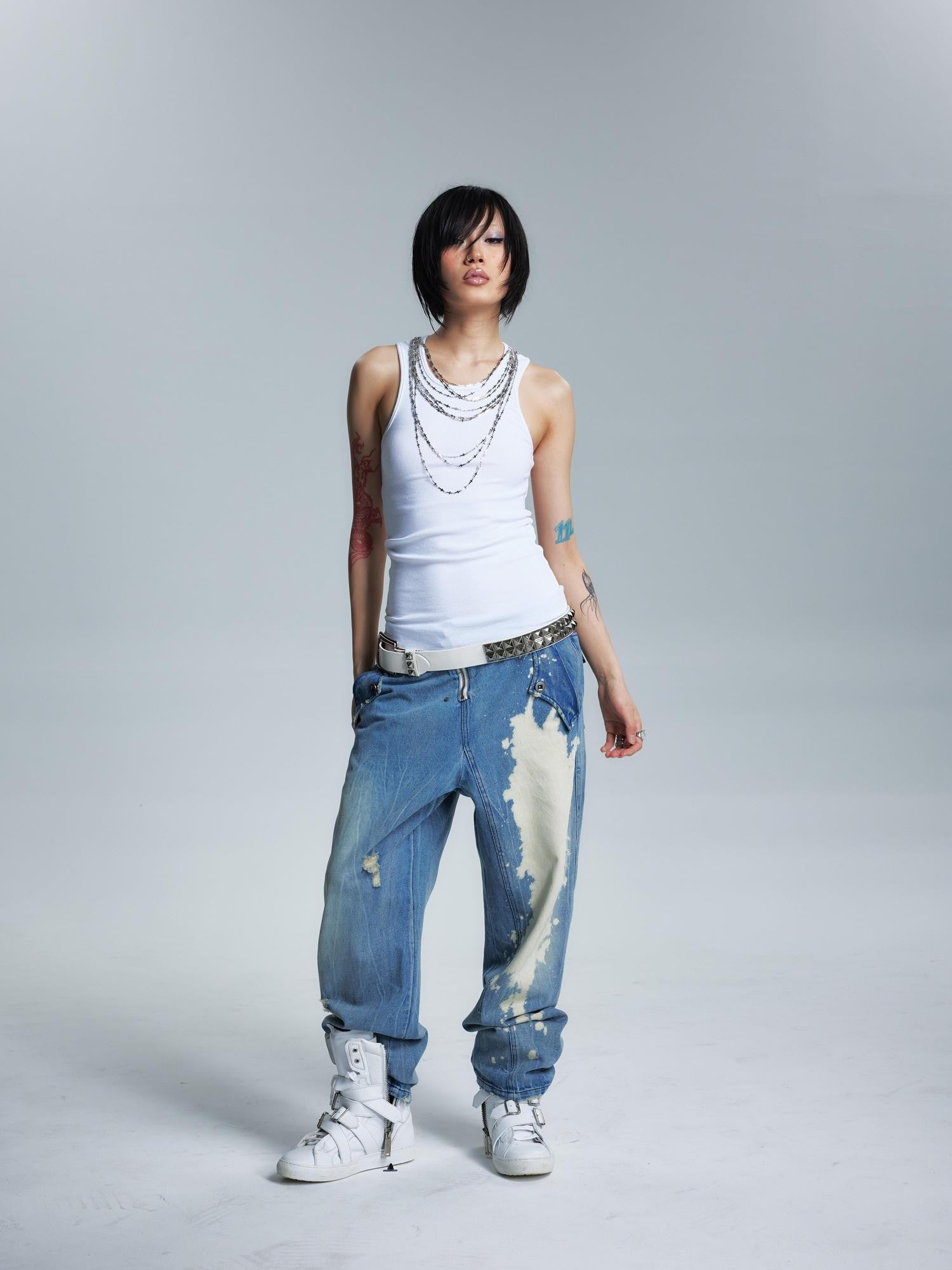 NONAME SPACE Two Tone Slimming Stretch Ribbed Beaded Metal Chain Print Women&