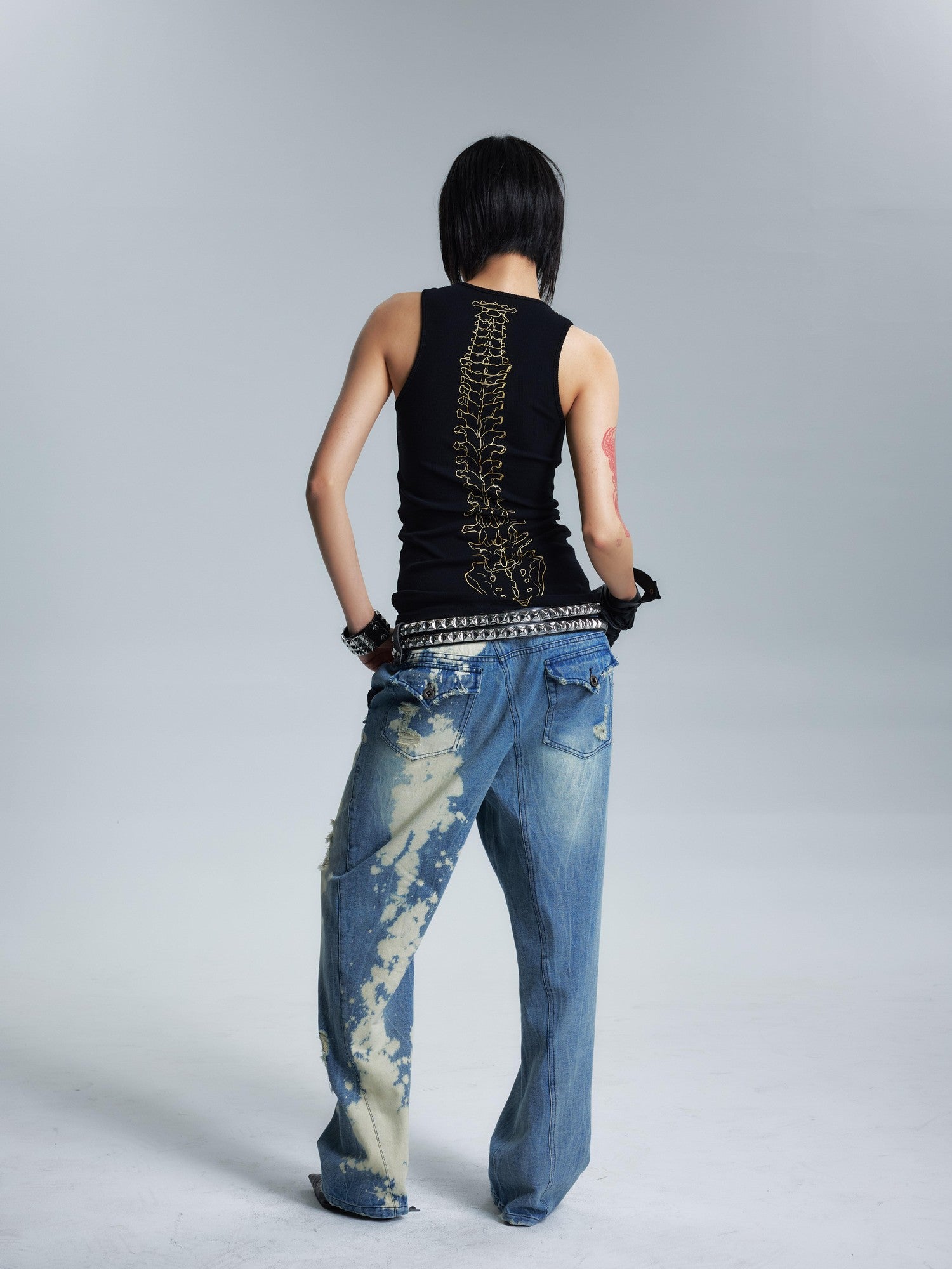 NONAME SPACE Two Tone Slimming Stretch Ribbed Beaded Metal Chain Print Women&