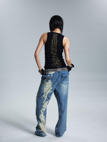 NONAME SPACE Two Tone Slimming Stretch Ribbed Beaded Metal Chain Print Women&