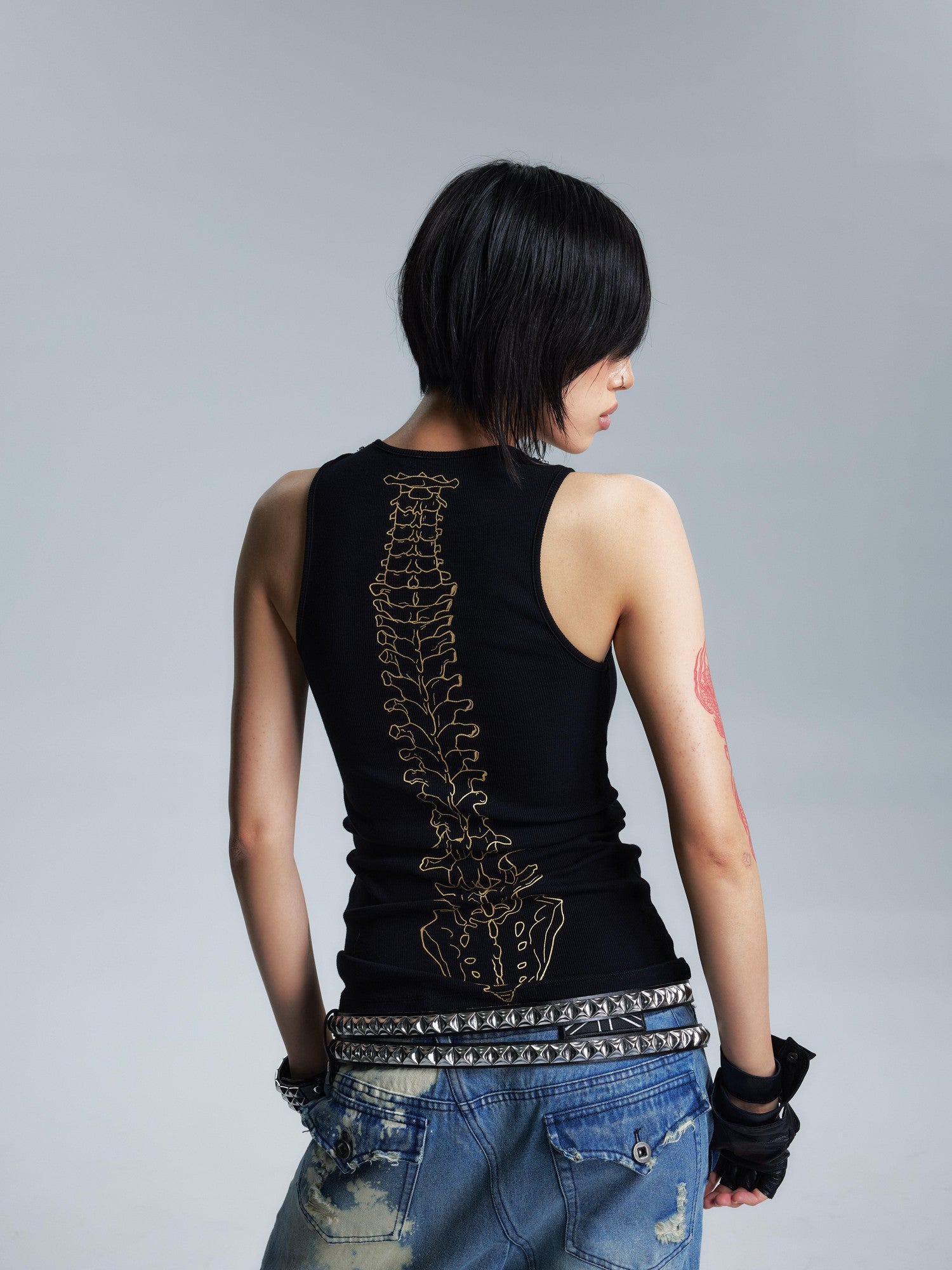 NONAME SPACE Two Tone Slimming Stretch Ribbed Beaded Metal Chain Print Women&