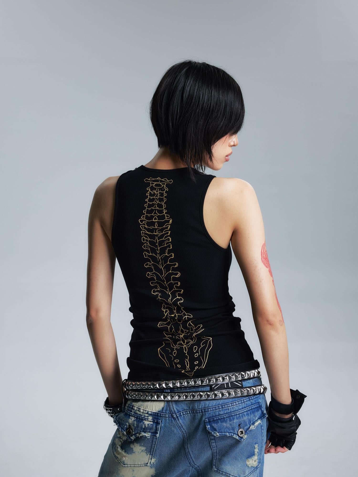 NONAME SPACE Two Tone Slimming Stretch Ribbed Beaded Metal Chain Print Women&