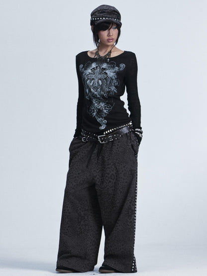 NONAME SPACE Two Tone Spliced Studded Cross Print Women&