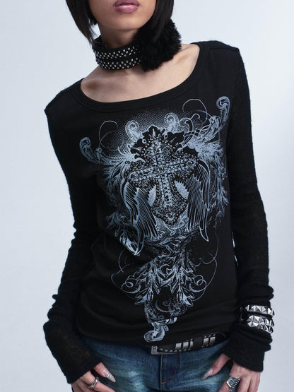 NONAME SPACE Two Tone Spliced Studded Cross Print Women&