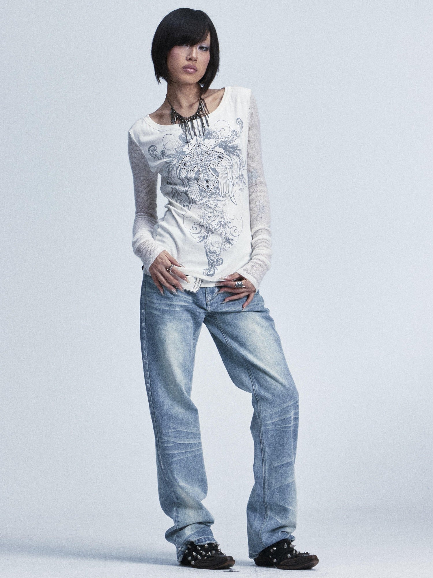 NONAME SPACE Two Tone Spliced Studded Cross Print Women&