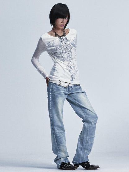 NONAME SPACE Two Tone Spliced Studded Cross Print Women&