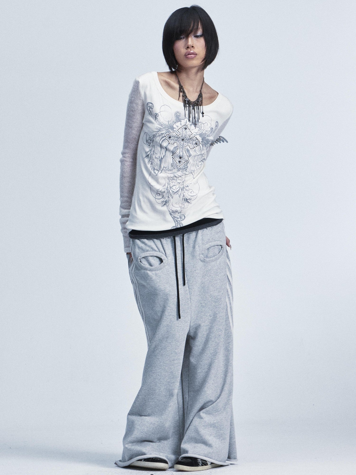 NONAME SPACE Two Tone Spliced Studded Cross Print Women&