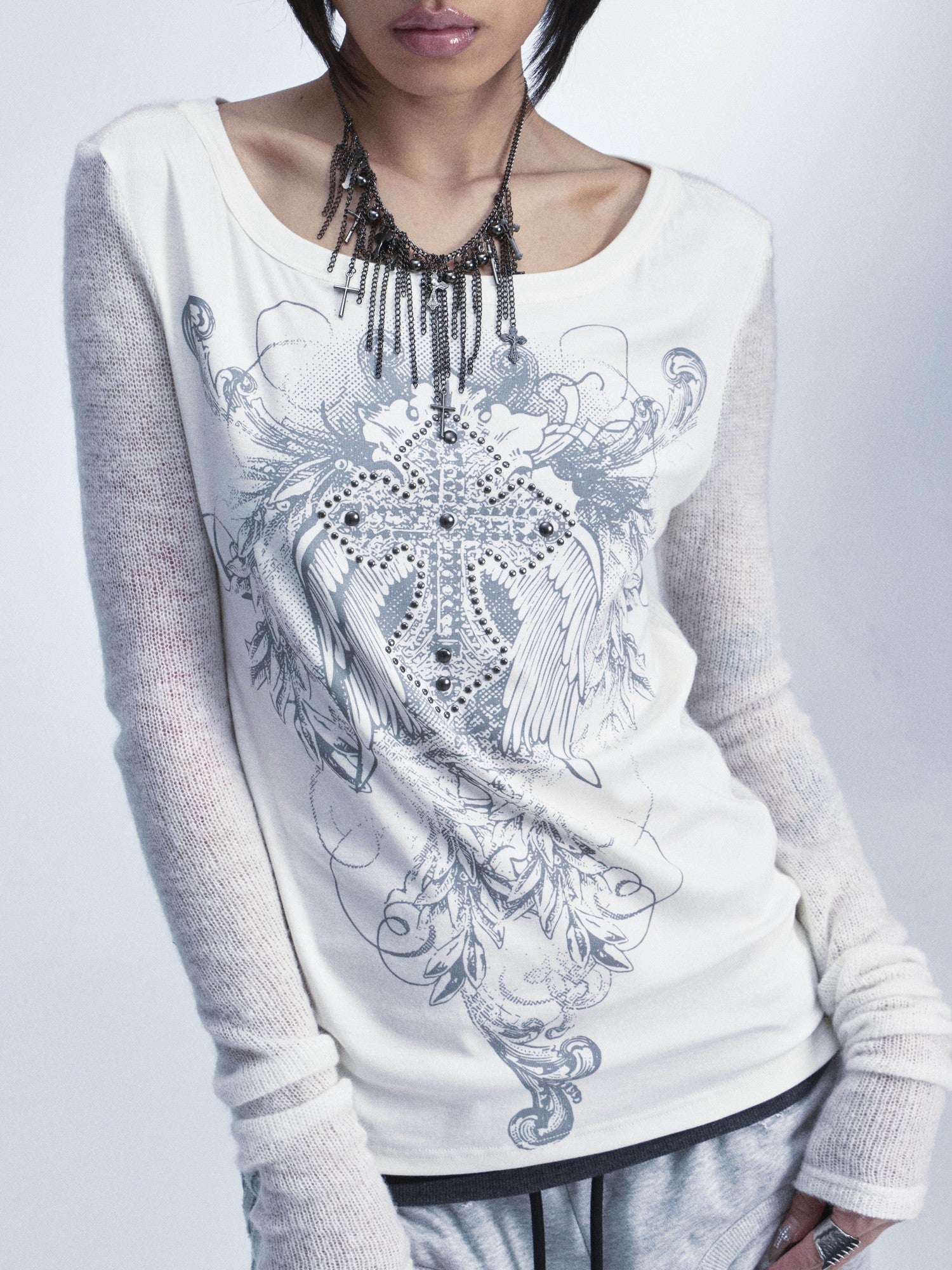 NONAME SPACE Two Tone Spliced Studded Cross Print Women&