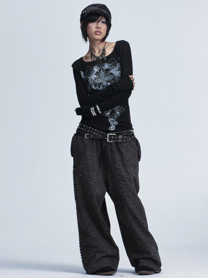 NONAME SPACE Two Tone Spliced Studded Cross Print Women&