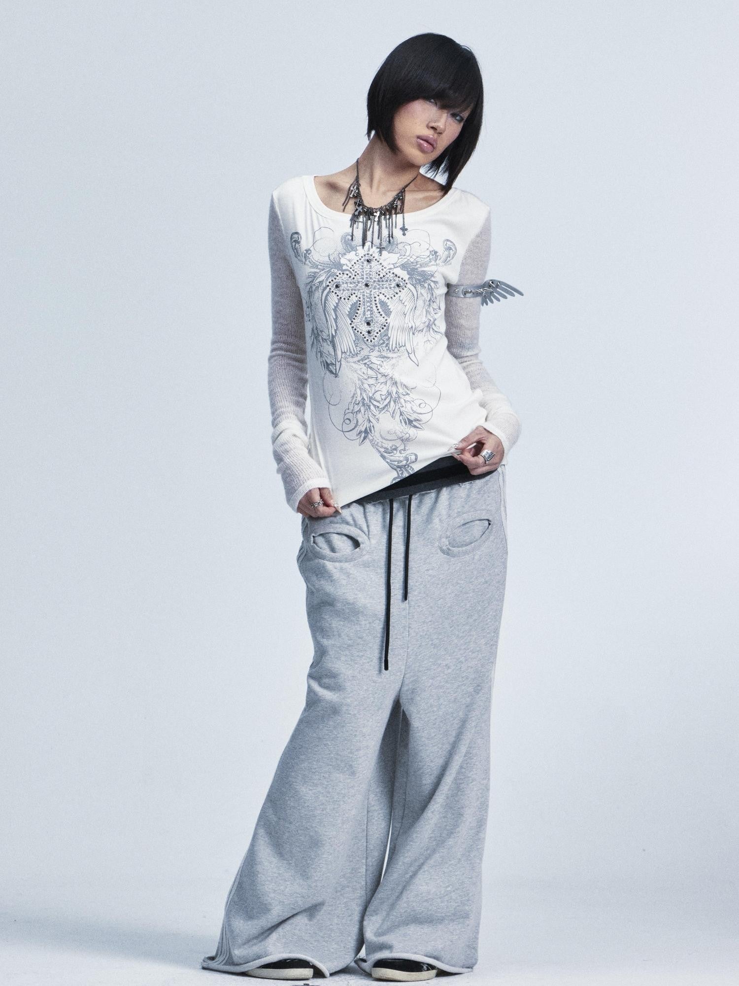 NONAME SPACE Two Tone Spliced Studded Cross Print Women&