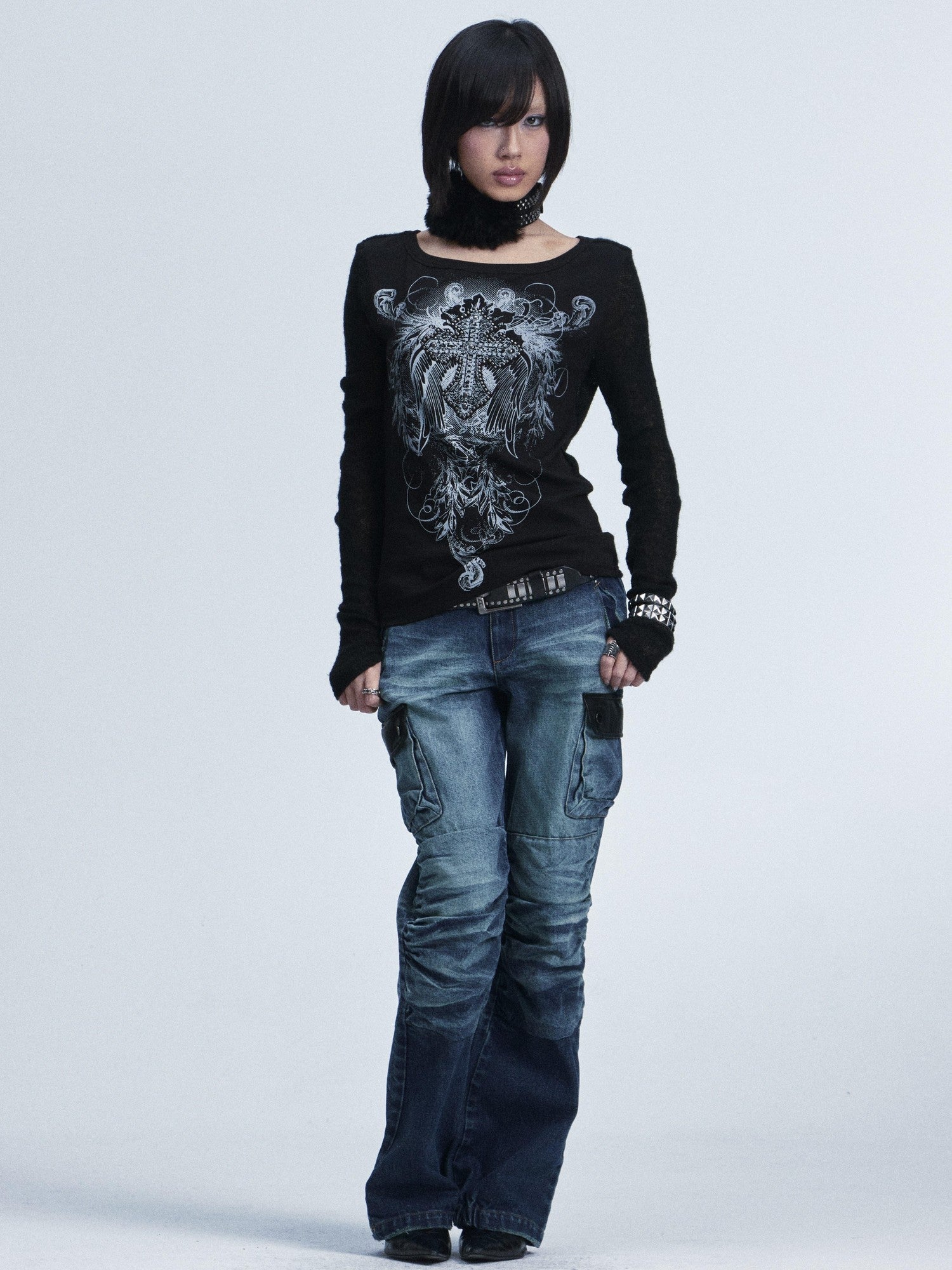 NONAME SPACE Two Tone Spliced Studded Cross Print Women&
