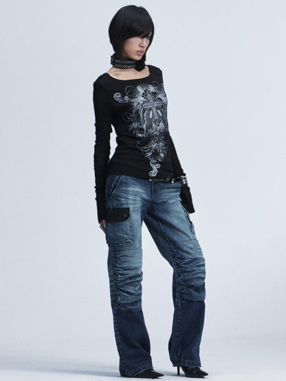 NONAME SPACE Two Tone Spliced Studded Cross Print Women&