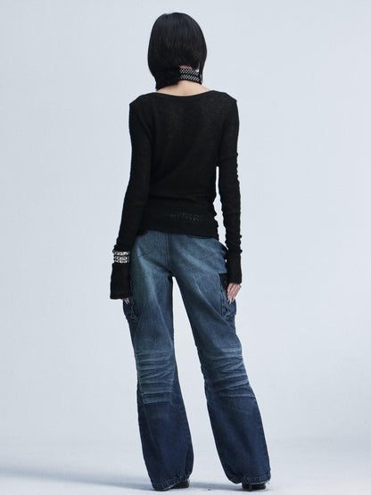 NONAME SPACE Two Tone Spliced Studded Cross Print Women&