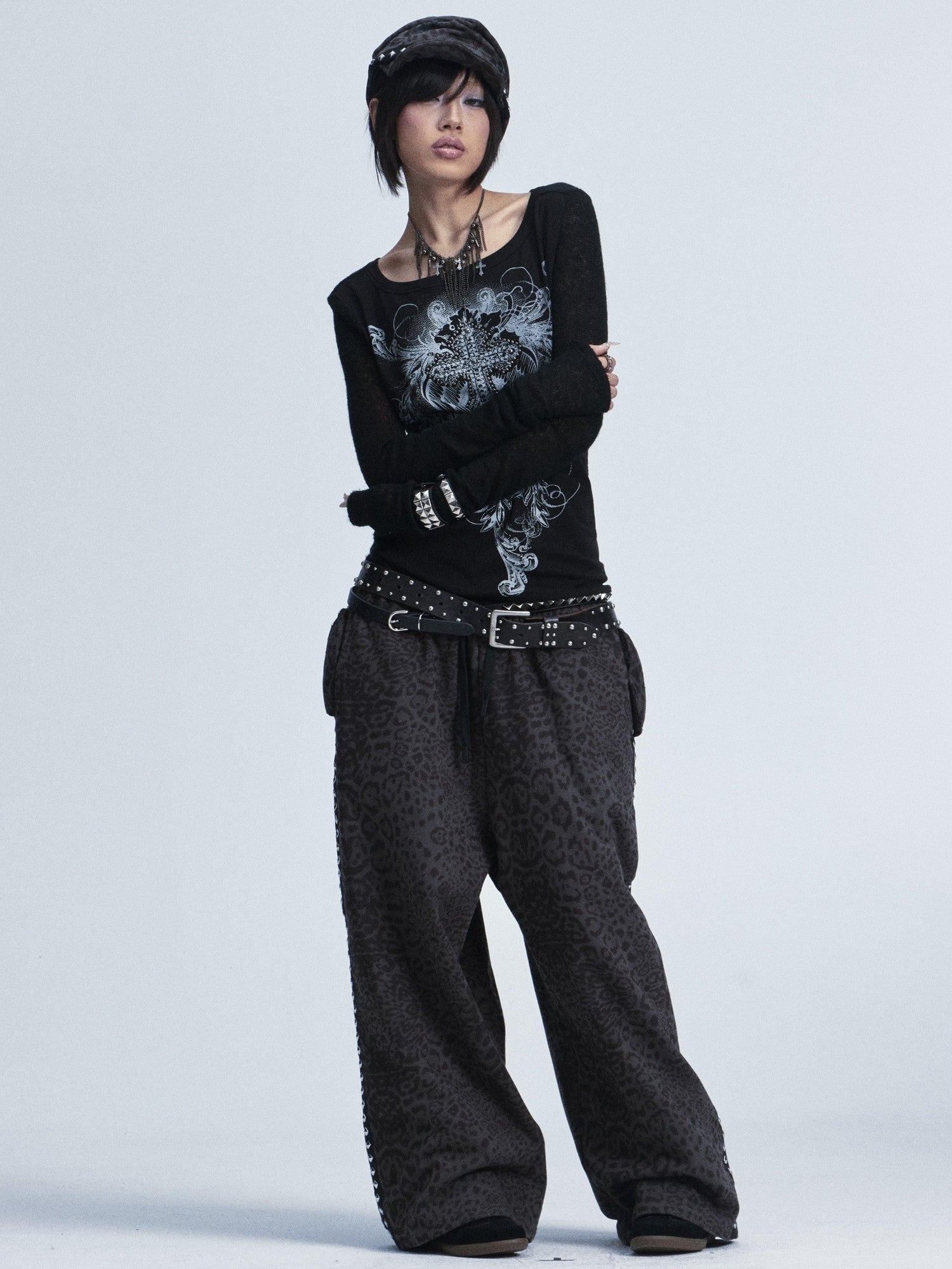 NONAME SPACE Two Tone Spliced Studded Cross Print Women&