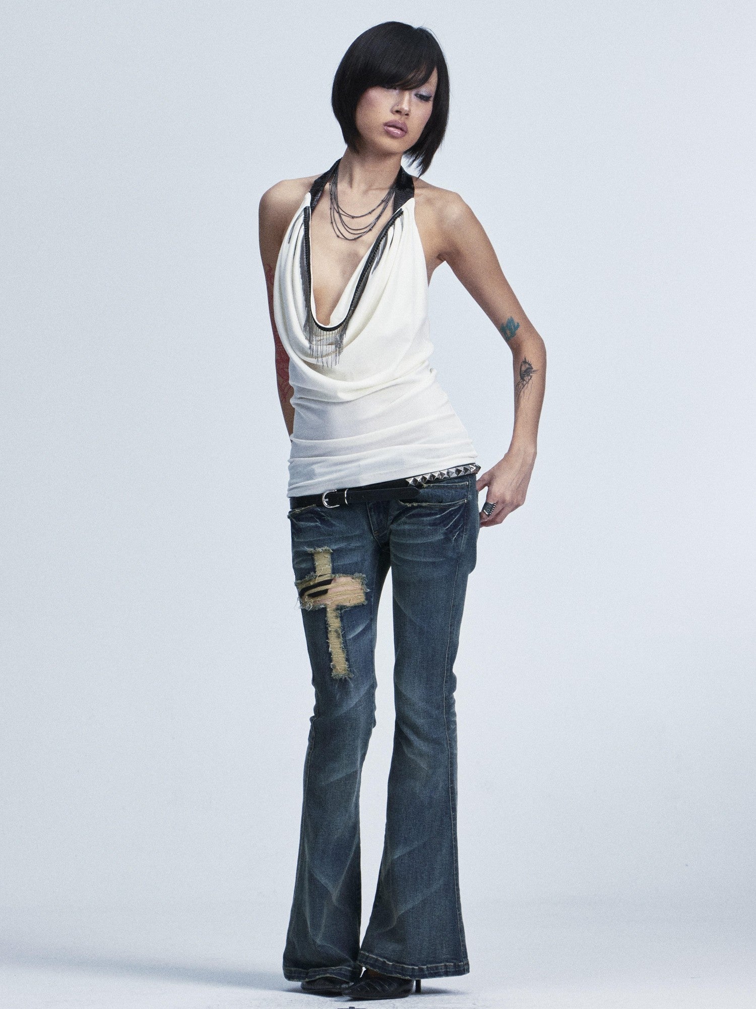 NONAME SPACE Two Tone Stretch Slim Scoop Neck Women&
