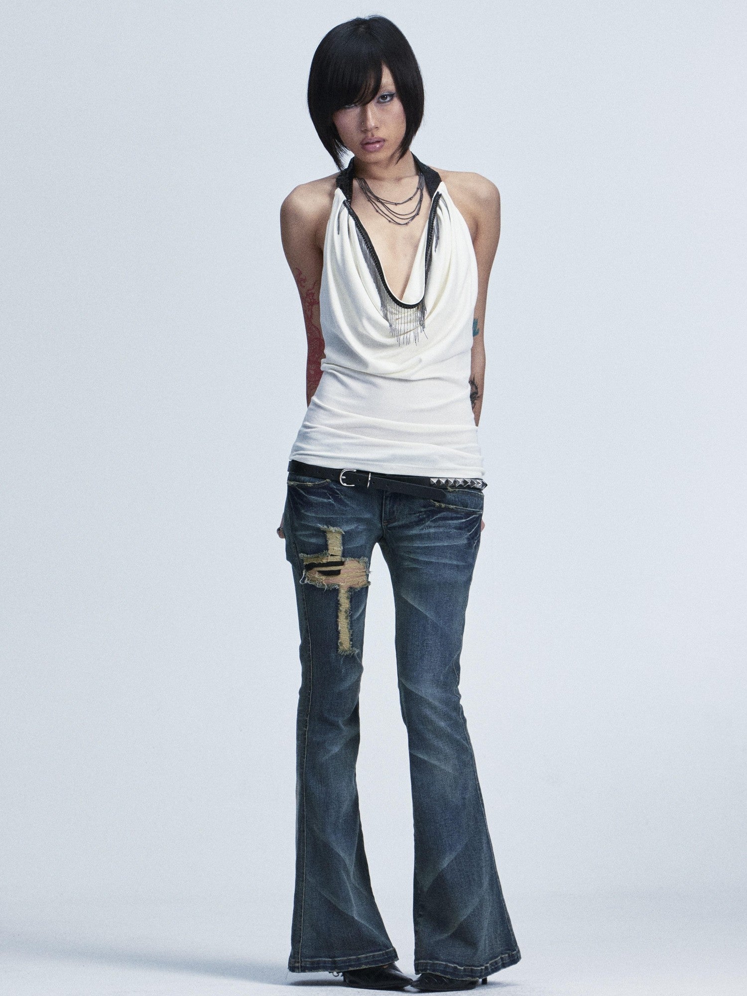 NONAME SPACE Two Tone Stretch Slim Scoop Neck Women&