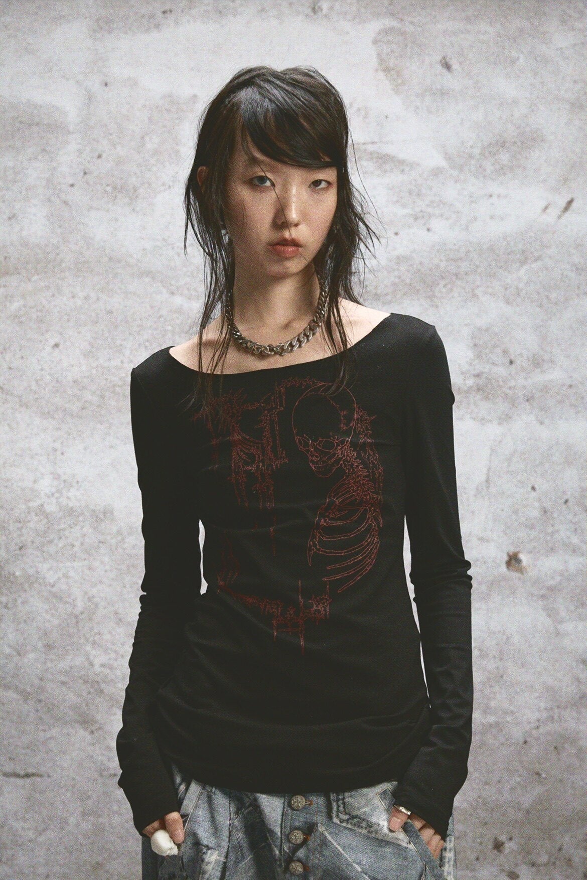 NONAME_SPACE_Two_Tone_Stretch_Spliced_Wide_Neck_Raw_Edge_Printed_Women&