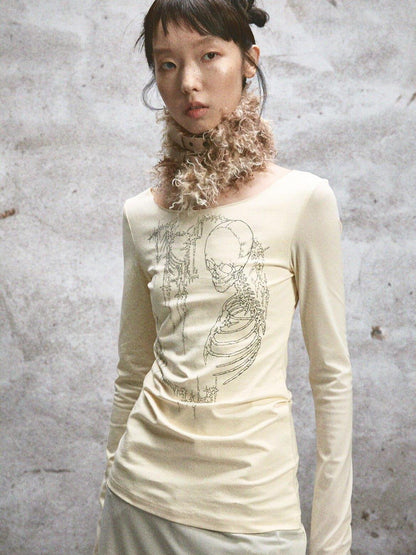 NONAME SPACE Two Tone Stretch Spliced Wide Neck Raw Edge Printed Women&