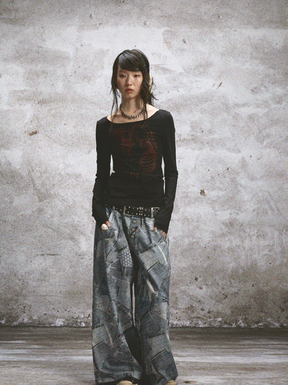NONAME SPACE Two Tone Stretch Spliced Wide Neck Raw Edge Printed Women&