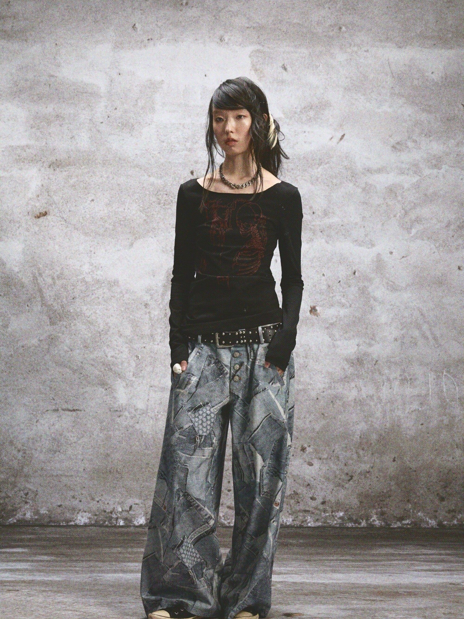 NONAME SPACE Two Tone Stretch Spliced Wide Neck Raw Edge Printed Women&