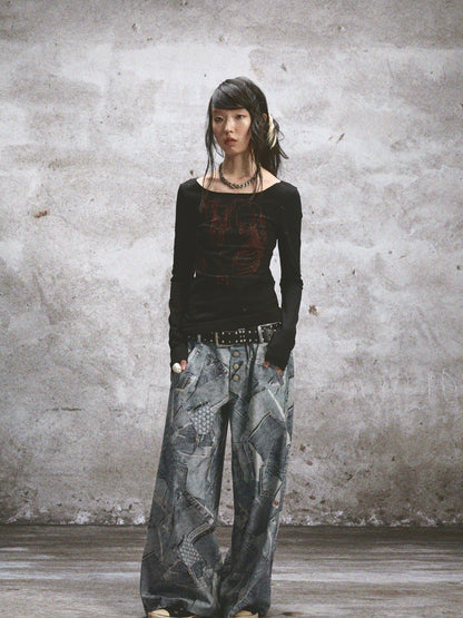 NONAME SPACE Two Tone Stretch Spliced Wide Neck Raw Edge Printed Women&