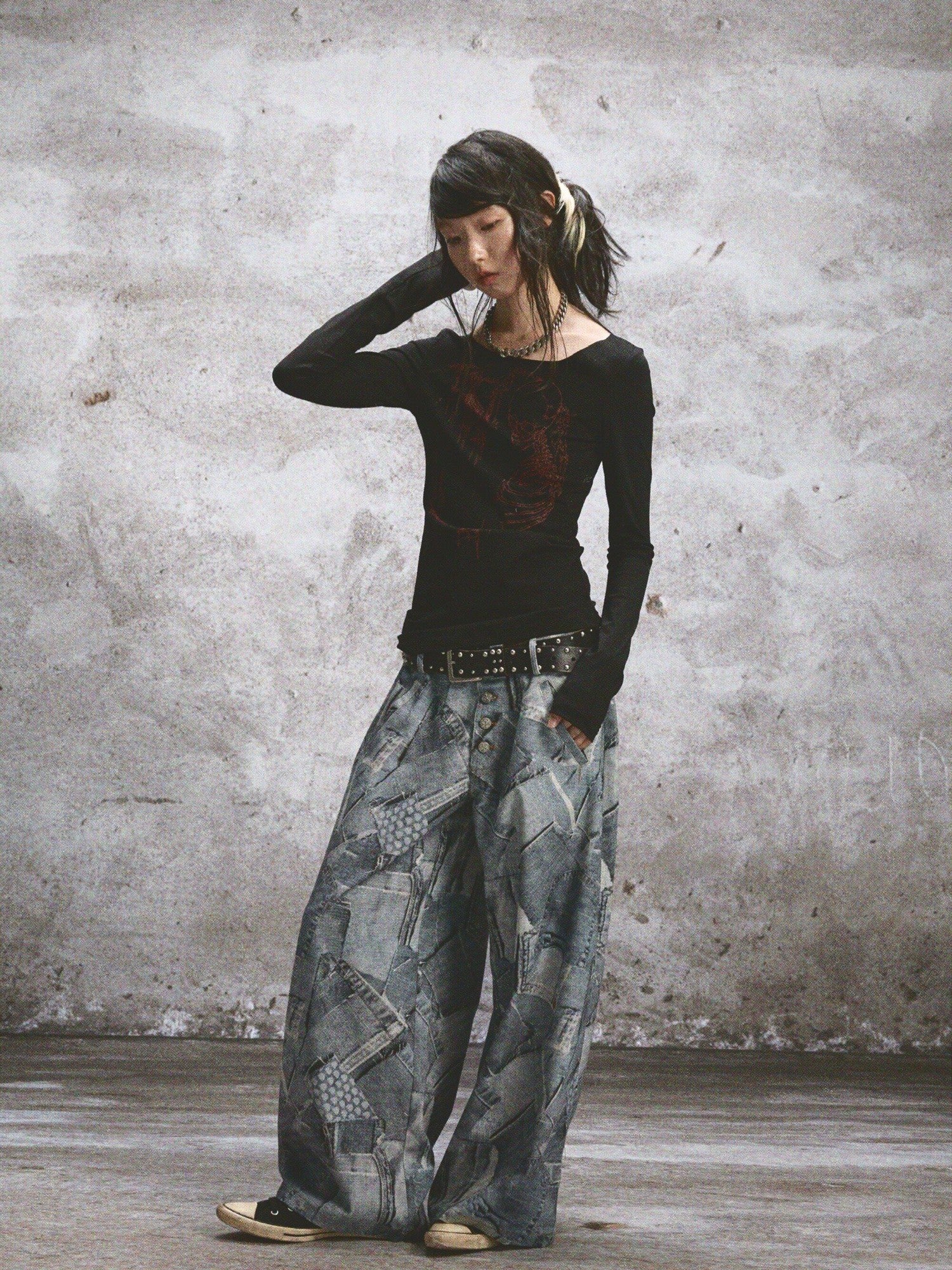 NONAME SPACE Two Tone Stretch Spliced Wide Neck Raw Edge Printed Women&