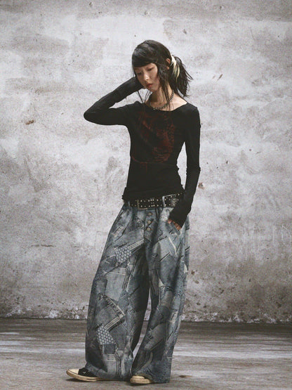 NONAME SPACE Two Tone Stretch Spliced Wide Neck Raw Edge Printed Women&