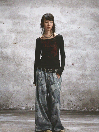 NONAME SPACE Two Tone Stretch Spliced Wide Neck Raw Edge Printed Women&