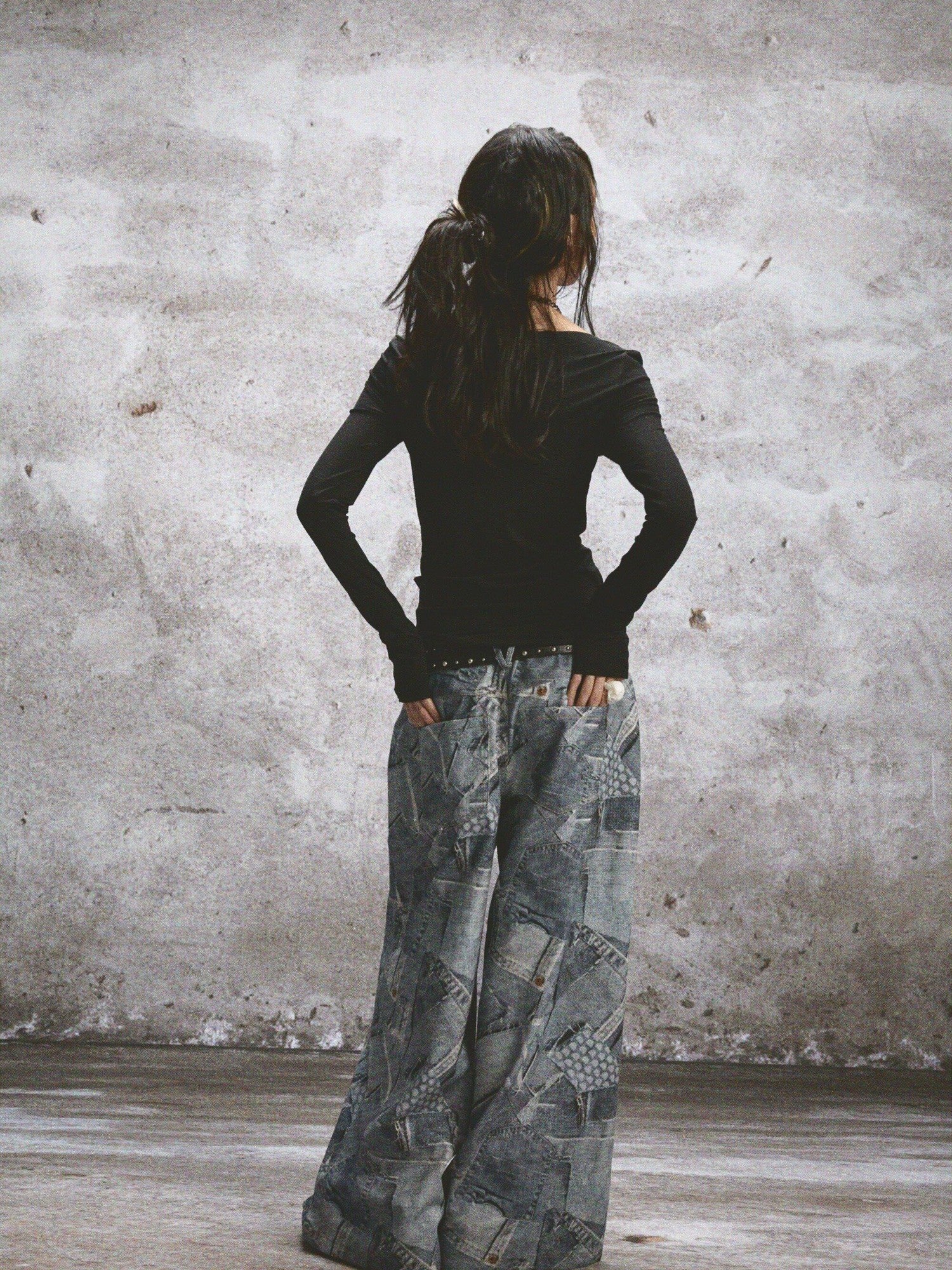 NONAME SPACE Two Tone Stretch Spliced Wide Neck Raw Edge Printed Women&