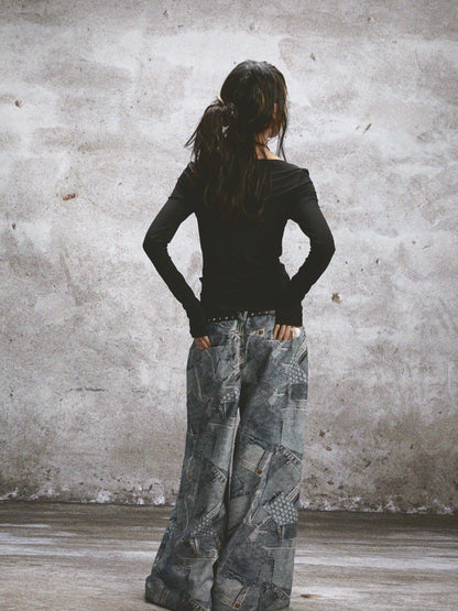 NONAME SPACE Two Tone Stretch Spliced Wide Neck Raw Edge Printed Women&