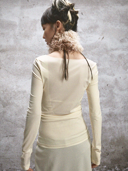 NONAME SPACE Two Tone Stretch Spliced Wide Neck Raw Edge Printed Women&