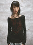 NONAME SPACE Two Tone Stretch Spliced Wide Neck Raw Edge Printed Women&