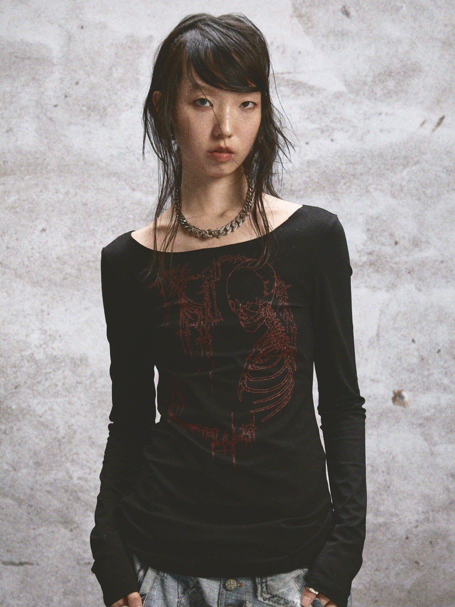 NONAME SPACE Two Tone Stretch Spliced Wide Neck Raw Edge Printed Women&