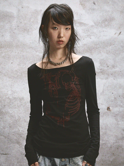 NONAME SPACE Two Tone Stretch Spliced Wide Neck Raw Edge Printed Women&