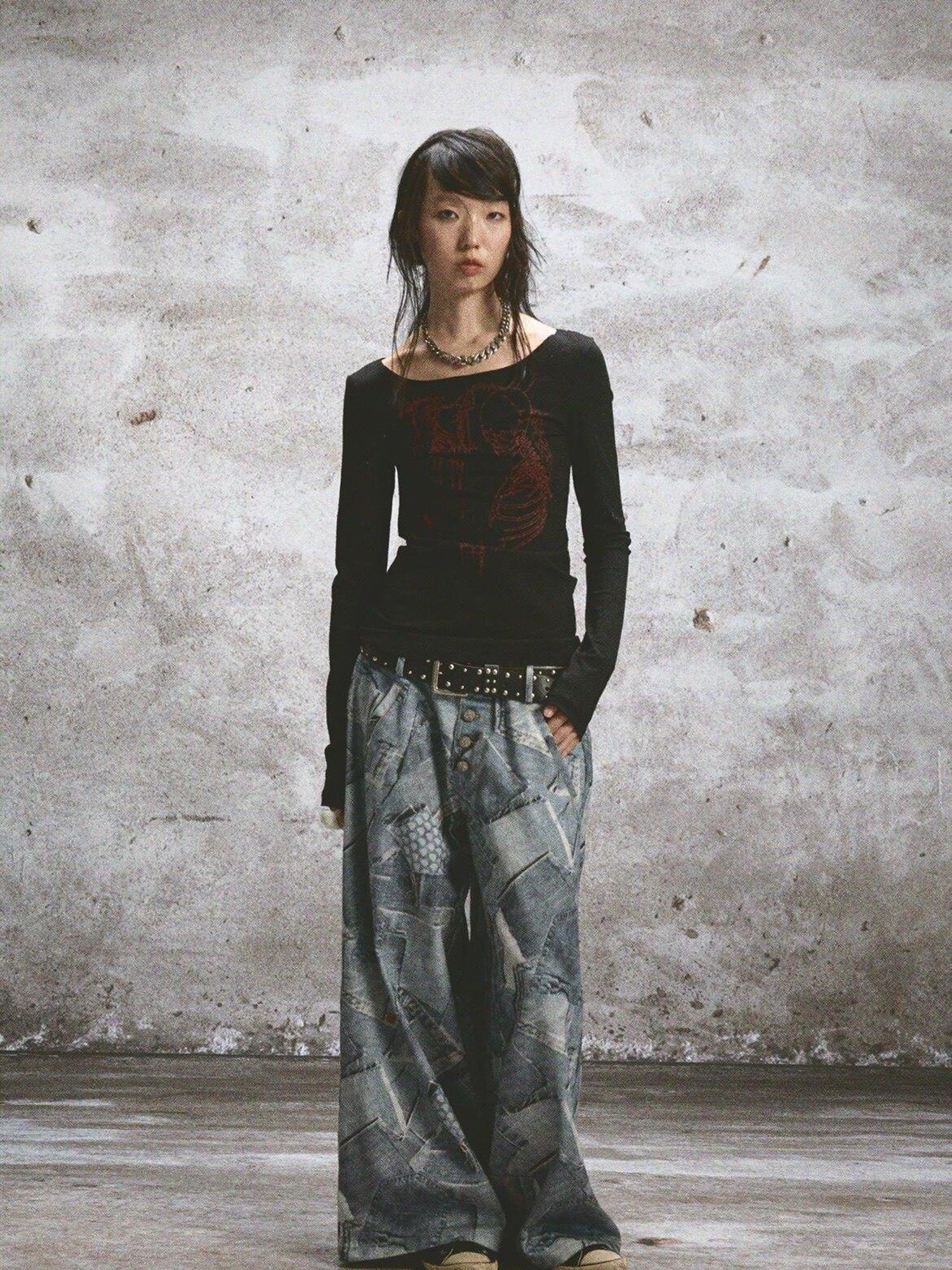 NONAME SPACE Two Tone Stretch Spliced Wide Neck Raw Edge Printed Women&