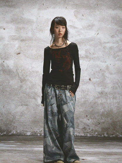 NONAME SPACE Two Tone Stretch Spliced Wide Neck Raw Edge Printed Women&